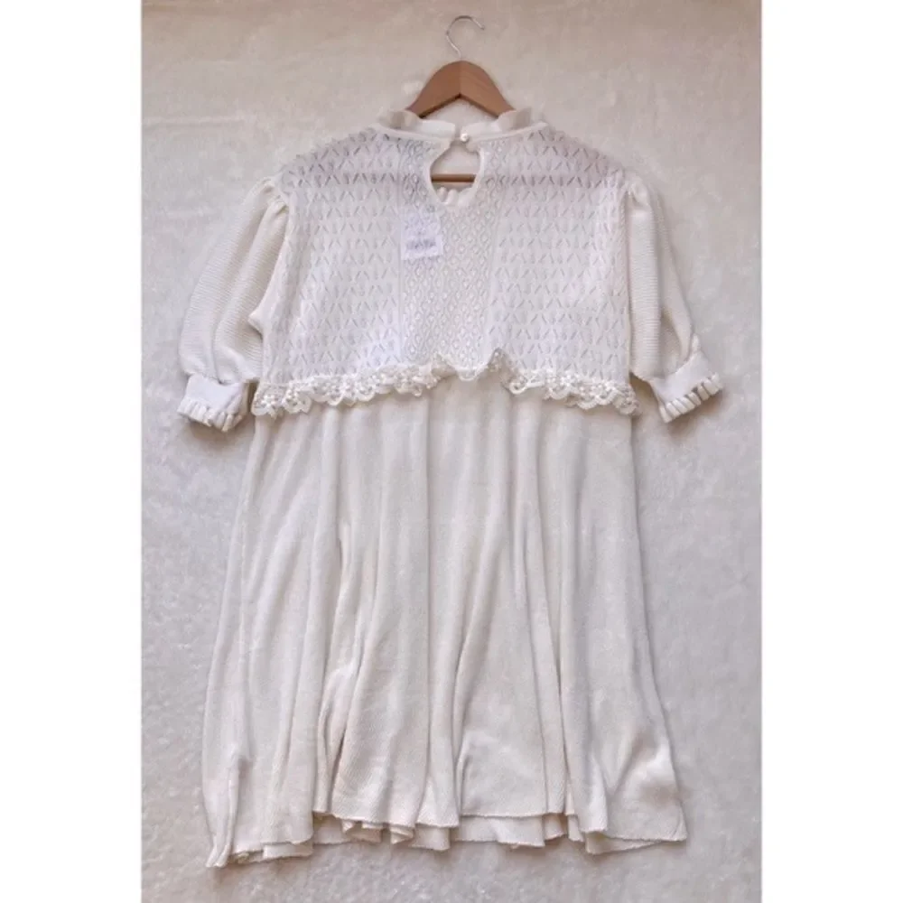 NWT Zara Mixed Pointelle Contrast Lace Detail Knit Mini Dress in Ecru, Medium